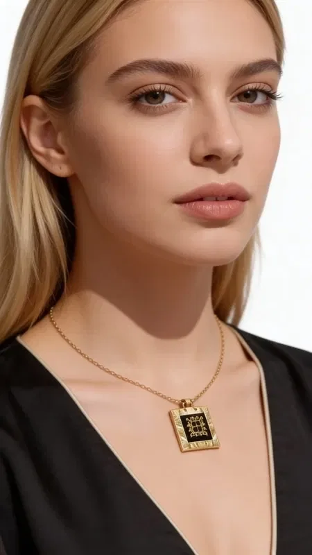 Discover the perfect balance between traditional craftsmanship and modern style with this striking black embroidered necklace. Designed by Greek Jewelry Designer Aikaterini Chalkiadaki, this unique piece combines geometric patterns embroidered with gold thread, creating a sophisticated color combination.

The statement necklace features a square embroidered surface framed in gold brass, while the black background highlights the golden geometric motifs. The embroidery technique adds texture and depth to the design, making it ideal for women seeking handmade jewelry with a distinctive aesthetic.

The long necklace with its classic brass chain offers comfortable wear and pairs perfectly with monochrome outfits, adding a vintage touch to your look.

Take care of your necklace by storing it in a dry place and avoiding contact with liquids to preserve the beauty of the embroidery.