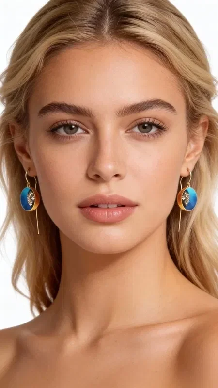 Discover the magic of blue pyrite dangle earrings, a striking piece of jewelry that combines the natural beauty of pyrite with contemporary Greek craftsmanship. Designed by Greek Jewelry Designer Aikaterini Chalkiadaki, this handmade jewel is the perfect choice for the woman seeking uniqueness and style.

Each earring features an impressive oval-shaped pyrite stone in a beautiful sky-blue hue with golden highlights, creating a mesmerizing play of light. The combination of matte blue with chalky tones and brass offers a modern aesthetic that suits both everyday and formal looks.

The stud earrings are lightweight and comfortable to wear, while their length adds movement and elegance to any outfit. Ideal for weddings, evening outings, or as a statement piece for everyday wear.