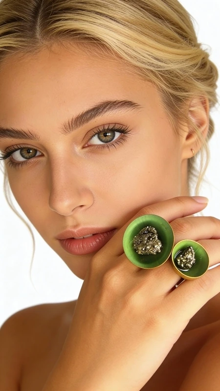 Make a bold statement with this extraordinary double pyrite ring that commands attention with its oversized green circular design. This handmade piece features two distinctive round elements, each showcasing genuine pyrite stones nestled within vibrant green frames, creating a striking contrast that catches the light beautifully.
Crafted with meticulous attention to detail, this statement ring combines brass construction with expertly applied chalk paint and high-quality resins for a durable, luxurious finish. The pyrite stones add natural metallic sparkle and earthy sophistication to the bold green setting. Each element is perfectly balanced to create a dramatic yet wearable piece that feels substantial without being overwhelming.
This ring embodies contemporary Greek artisanship, blending traditional metalworking techniques with modern design aesthetics. The oversized proportions make it perfect for those who love jewelry that sparks conversation, while the rich green color palette complements both neutral and bold wardrobe choices. Wear it as a standalone statement piece with simple outfits, or layer it with delicate bands for an eclectic, fashion-forward look.
The unique double-circle design represents continuity and connection, making this ring not just a fashion accessory but a meaningful addition to your jewelry collection. Perfect for art lovers, fashion enthusiasts, or anyone who appreciates handcrafted luxury with a contemporary edge.
Store in a dry place away from direct sunlight. Clean gently with a soft, dry cloth. Avoid exposure to chemicals, perfumes, and excessive moisture to preserve the chalk paint finish and resin components.