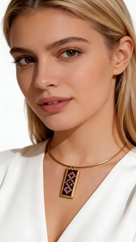 Discover the unique beauty of this embroidered necklace in a striking burgundy color with geometric patterns in gold thread, designed by Greek Jewelry Designer Aikaterini Chalkiadaki.

This exceptional handmade piece combines the traditional art of embroidery with contemporary aesthetics, creating a statement necklace that will steal the show.

The necklace features intricate geometric motifs embroidered with gold thread on a gorgeous burgundy background, while the elegant brass clasp offers comfort and style.

The perfect balance between traditional craftsmanship and modern design makes it ideal for any occasion, from everyday looks to special moments.

The embroidered jewelry in this collection is the perfect choice for women who love feminine necklaces with character and distinctive style. Pair it with monochrome outfits to highlight its beauty, or create layered looks with other jewelry pieces.

Take care of your necklace by storing it in a dry place and avoiding contact with water to extend its lifespan.

Material: Brass, Fabric