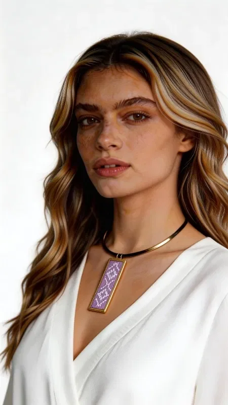 Discover the art of traditional embroidery in a modern necklace that harmoniously combines classic Greek craftsmanship with contemporary design. This striking embroidered necklace in a soft lilac shade, designed by Aikaterini Chalkiadaki, is adorned with intricate geometric motifs embroidered with gold thread, creating a captivating color combination.

The handmade necklace features a rectangular embroidered element on canvas or etamine fabric, with detailed geometric patterns that reflect the rich tradition of Greek embroidery. The gold thread adds shine and elegance, while the brass clasp ensures security and durability.

The statement piece is completed with a black cord that creates an elegant contrast. Ideal for completing bohemian and ethnic looks, this women's necklace adds color and character to any outfit.

Care for it with gentle cleaning and store it in a dry place to preserve its beauty. Material: Brass, Fabric