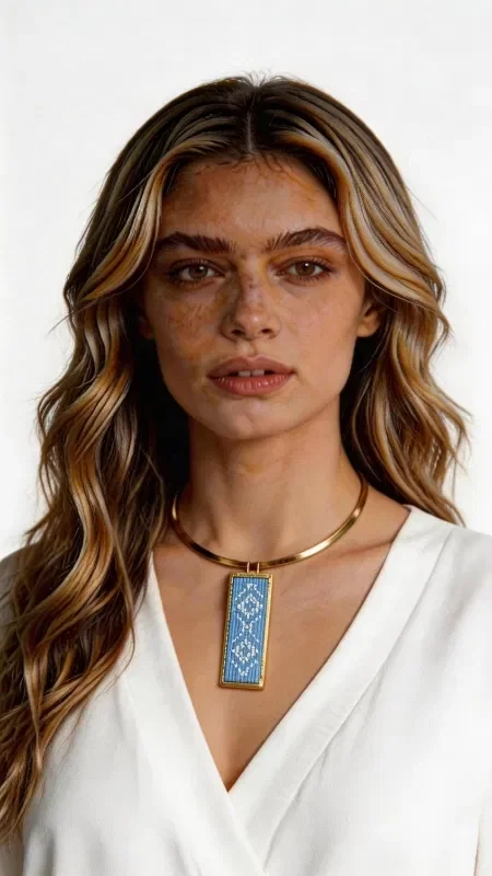 Discover the magic of traditional embroidery with this stunning embroidered light blue necklace that combines Greek artistry with contemporary aesthetics. Designed by Greek Jewelry Designer Aikaterini Chalkiadaki, this unique handmade piece brings folk tradition into the present day.

The striking statement necklace is adorned with geometric patterns embroidered with gold thread on light blue aida cloth, creating a wonderful color combination reminiscent of the crystal-clear waters of the Aegean. The brass base offers durability and elegance, while the embroidered element adds a bohemian touch to the overall look.

Ideal for summer looks, this necklace pairs perfectly with white tops, dresses and casual outfits. It can be worn alone as a statement piece or incorporated into layering combinations for more elaborate looks.

Material: Brass, Fabric
Care: Store in a dry place and avoid contact with water to preserve the embroidery.