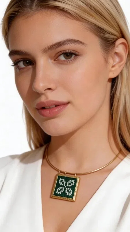 , Discover the magic of traditional embroidery with this striking green embroidered necklace that combines the art of folklore with a modern aesthetic. Designed by Greek Jewelry Designer Aikaterini Chalkiadaki, this piece is a unique statement item that will make you stand out.

The square embroidered pendant is decorated with geometric patterns in shades of green and white, created with gold thread that adds shine and elegance. The etamine embroidery technique gives the necklace a unique texture and color reminiscent of traditional Greek embroidery.

The gold-tone brass chain perfectly complements the design, creating a harmonious composition. This handmade necklace is ideal for both everyday and evening looks, adding an ethnic, bohemian character to your style. It pairs beautifully with white, beige, or earth-tone clothing.

Material: Brass, Fabric

Store your necklace in a dry place and avoid contact with water and chemicals.