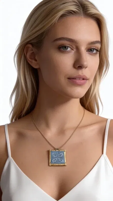 Discover the art of traditional embroidery in a unique necklace that combines Greek tradition with contemporary style. This striking embroidered necklace in light blue, designed by Greek Jewelry Designer Aikaterini Chalkiadaki, features geometric motifs embroidered with gold thread that will enhance your elegance.

Every detail of this handmade piece has been crafted with special care. The light blue hue of the fabric blends harmoniously with the gold threads, creating a statement necklace that suits both everyday wear and special occasions. The brass frame surrounding the embroidery adds a vintage touch that complements the traditional design.

This necklace is the perfect choice for the woman who loves handmade jewelry with a story to tell. Pair it with simple outfits to let it stand out, or layer it for a more modern look. Care for it with gentle cleaning and store it in a dry place to preserve its shine.