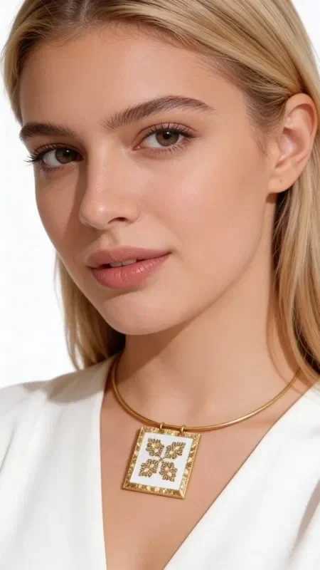 An impressive embroidered necklace that combines the traditional art of embroidery with contemporary jewelry design. Designed by Greek Jewelry Designer Aikaterini Chalkiadaki, this unique handmade necklace features geometric designs on white etamine fabric with gold thread, creating a refined color combination.

The necklace features a square embroidered element with traditional motifs reminiscent of Greek folk treasures, while the brass chain offers comfort and style. The detailed embroidery work enhances the elegance of any outfit, whether for everyday wear or an evening look. Ideal for layering with other necklaces or wearing alone as a statement piece.

Care for your necklace by storing it in a dry place away from chemicals and avoiding contact with water to preserve its shine.