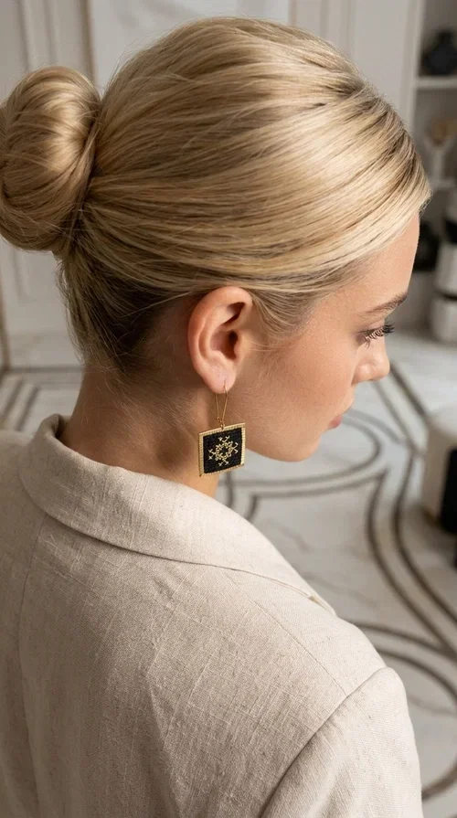 Embroidered statement earrings with geometric patterns in black are the ideal choice for those seeking jewelry that combines the traditional art of embroidery with a modern, striking result. Designed by Greek Jewelry Designer Aikaterini Chalkiadaki, these handmade earrings are a unique piece of folklore aesthetic that immediately stands out.

Made of brass and fabric, the earrings feature a square, diamond-shaped pendant in deep black, decorated with a golden geometric motif reminiscent of the Greek folk embroidery tradition. Their golden brass metal frame adds elegance and contrast, while the overall result is dynamic yet refined.

These striking dangle earrings suit both casual and formal looks — from an everyday combination with a linen blazer to an evening look for a wedding or christening. They particularly enhance updos and loose hair.