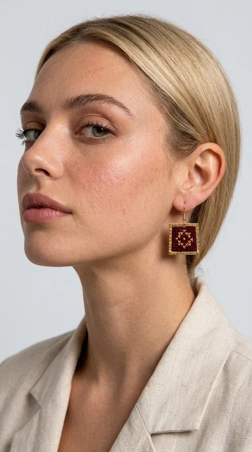 Embroidered statement earrings with geometric designs in deep burgundy are the ideal choice for every woman who wants to express herself through her jewelry. Designed by Greek Jewelry Designer Aikaterini Chalkiadaki, these handmade earrings combine the traditional art of embroidery with a modern, striking aesthetic that stands out.

The square shape in golden brass frames an embroidered fabric in a rich burgundy color, with detailed geometric motifs reminiscent of folklore tradition. The gold threads of the embroidery create a warm contrast with the deep red background, lending an air of boho-folk elegance. The delicate pendant connection ensures comfortable wear and graceful movement.

Ideal for weddings, christenings, festive dinners, and also for elevating an everyday outfit, these earrings pair perfectly with linen, velvet, or solid-colored clothing. Burgundy is a timeless color that pairs especially well with earthy tones, beige, and gold.