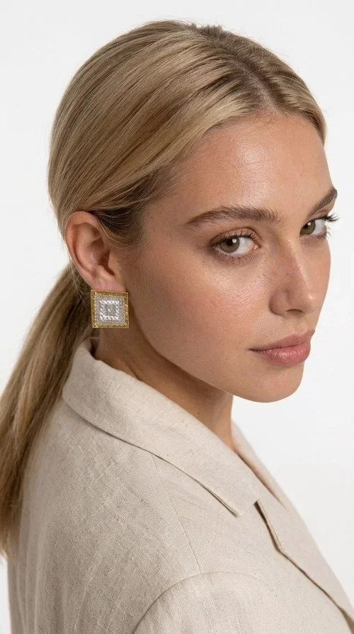 The embroidered statement earrings with geometric patterns in a cream shade are the ideal choice for every woman who wants to add a unique, handmade touch to her style. With a square shape and detailed embroidery that creates striking geometric motifs, these earrings combine the tradition of folk embroidery with a modern, minimal aesthetic. Designed by Greek Jewelry Designer Aikaterini Chalkiadaki, they are a piece with authentic Greek character.

Made of brass and fabric, these earrings feature a gold metallic frame surrounding a delicate embroidered section in cream-white tones. The result is a piece of jewelry with depth of texture and character, equally suited to casual looks and formal occasions — from an everyday outfit with a linen blazer to an evening look or a wedding ceremony.

The geometric embroidered designs highlight the craftsmanship of handmade construction, while the cream shade ensures versatility when paired with neutral, earthy, or even bold color palettes.