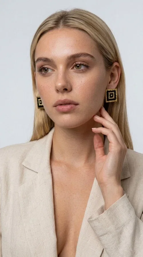 Embroidered statement earrings with geometric designs in black are the ideal choice for every woman who wants to express herself through her accessories. With a square shape and a striking combination of black fabric and gold-toned brass, these handmade stud earrings are a unique piece of jewelry that blends the traditional art of embroidery with a modern aesthetic. Designed by Greek Jewelry Designer Aikaterini Chalkiadaki, they reflect Greek craftsmanship in its most refined expression.

The geometric motif adorning each earring evokes a folk and ethnic aesthetic, while the square brass structure gives character and shape to the overall design. The black fabric combined with the gold detailing creates a striking visual contrast that immediately catches the eye. Perfect for formal occasions, weddings, evening outings, and boho everyday looks alike.