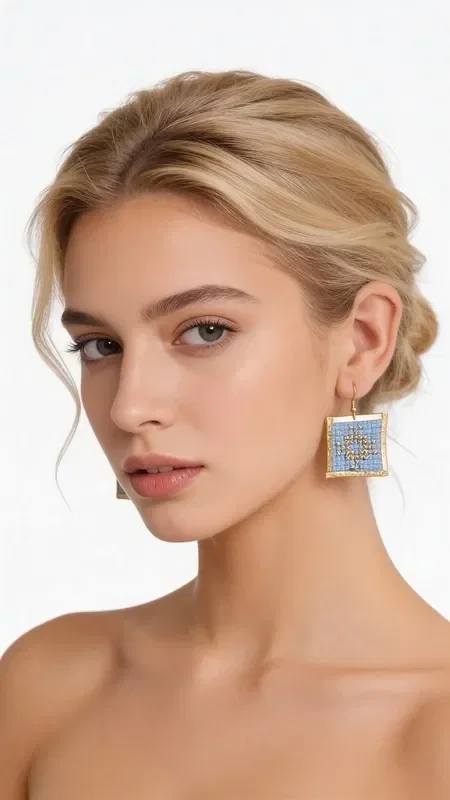 The statement earrings with embroidered geometric patterns in light blue will become your favorite accessory for every special occasion. Designed by Greek Jewelry Designer Aikaterini Chalkiadaki, these striking handmade earrings combine the traditional art of embroidery with contemporary design.

The gold thread in a soft light blue shade creates a unique geometric motif that adds elegance and style to every look. These embroidered earrings have a square shape and medium size, ideal for making a statement without being overly heavy. Their detailed craftsmanship and folklore design make them special for evening outings, special events, or even bridal looks. Care for your earrings by storing them in a dry place and avoiding contact with water or chemical products to preserve their color.