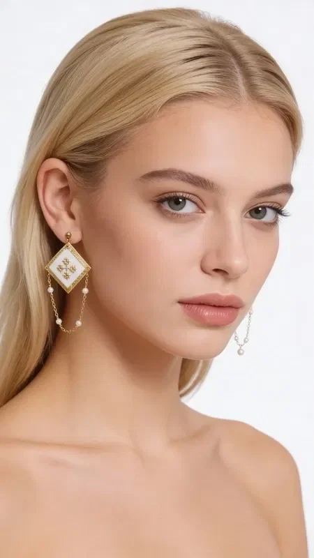 Discover the perfect balance between traditional embroidery craftsmanship and modern aesthetics with these striking statement earrings. Embroidered with gold thread on a white base, they feature captivating geometric designs, created by Greek Jewelry Designer Aikaterini Chalkiadaki.

This unique pair of dangle earrings stands out for its handmade construction and original color combination. The gold thread creates refined geometric patterns on a white background, while the dangling pearl details add movement and elegance. The diamond-shaped embroidered elements combine harmoniously with the hanging pearls, creating a striking ensemble.

Ideal for special occasions, weddings, or evening outings, these modern earrings will highlight your style in the most sophisticated way. The handmade construction guarantees the uniqueness of each piece.

Store in a dry place away from direct light. Clean gently with a dry cloth.