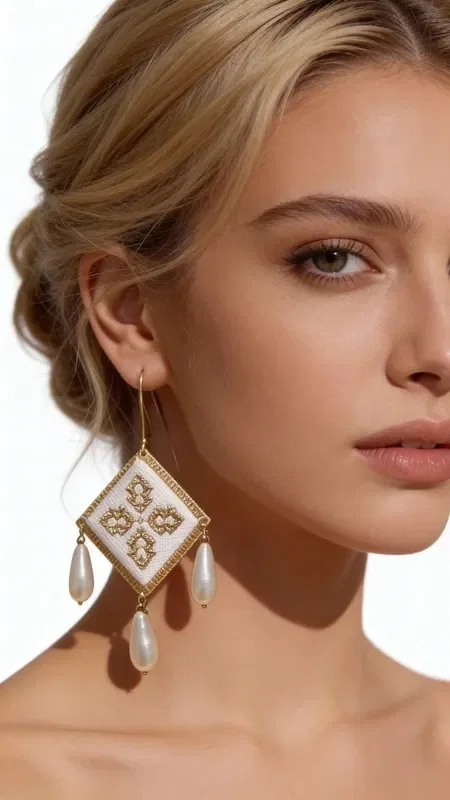 These striking embroidered statement earrings, featuring geometric designs in gold thread on a white base, are the perfect choice for any woman who wants to stand out. Designed by Greek Jewelry Designer Aikaterini Chalkiadaki, these handmade pieces combine the traditional art of embroidery with a modern aesthetic.

Each earring features an embroidered diamond-shaped motif with detailed geometric patterns in gold thread, while three elegant teardrop-shaped pearls hang beneath the central element, creating movement that adds liveliness and elegance. The white color of the pearls contrasts beautifully with the gold details.

These eye-catching earrings are ideal for weddings, evening outings and special occasions, adding a touch of boho elegance to any look.

Store them in a dry place and avoid contact with moisture to preserve their beauty.