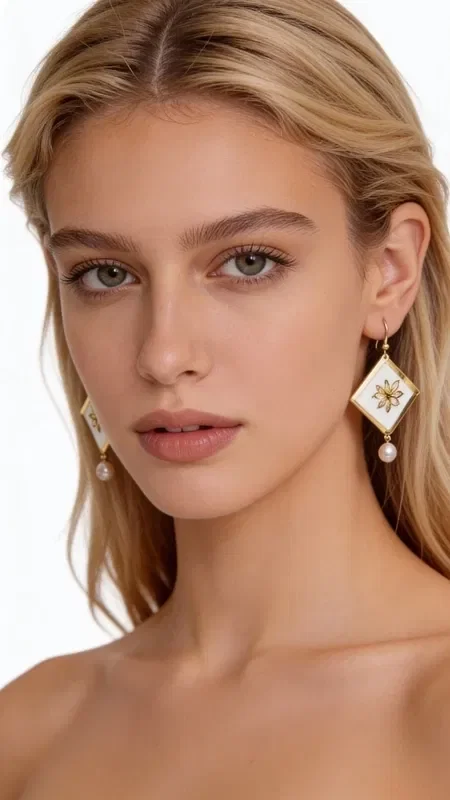 Discover the magic of embroidered statement earrings with geometric patterns, a work of art designed by Greek Jewelry Designer Aikaterini Chalkiadaki. These striking handmade earrings combine white elegance with golden details, creating a unique piece of jewelry that stands out.

Each earring is adorned with geometric embroidery in gold thread on a white base, finished with an elegant pearl hanging at the bottom. The diamond shape with the gold star-like decoration gives it a modern aesthetic, making it ideal for special moments and formal occasions.

These striking dangle earrings are the perfect choice for women who love original handmade jewelry. Pair them with classic or modern outfits for a look that will steal the show.

Care for them gently with a dry cloth and store them in a dry place to preserve their shine.