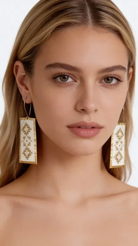These striking statement earrings, embroidered with gold thread, combine the traditional art of embroidery with a modern aesthetic. Designed by Greek Jewelry Designer Aikaterini Chalkiadaki, these handmade earrings are adorned with geometric motifs on a white base, creating an elegant and timeless look.

The dangle earrings feature detailed gold embroidered decoration forming diamond-shaped patterns, offering unique texture and volume. The white base creates the perfect contrast with the gold details, while their rectangular shape makes them ideal for any occasion.

These modern embroidered earrings are the perfect choice for women who love striking jewelry with traditional elements. They pair harmoniously with both classic and contemporary outfits, adding a touch of elegance and originality. Store in a dry place and clean gently with a dry cloth.