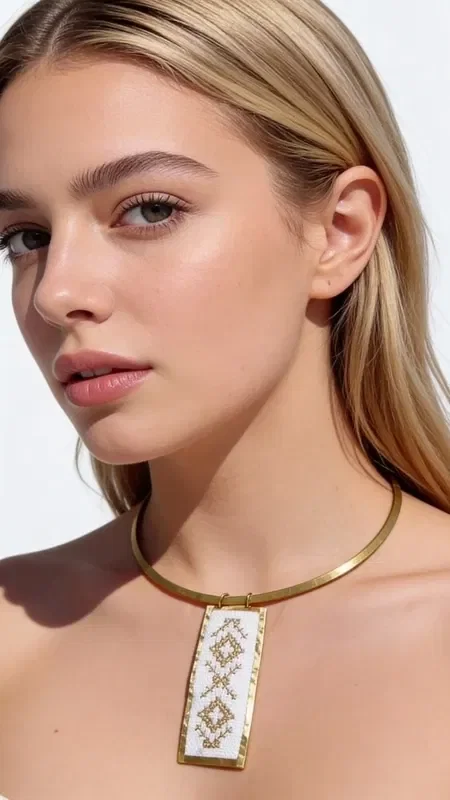 , Discover the art of embroidery in jewelry with this exceptional embroidered white necklace that combines traditional technique with contemporary design. Designed by Greek Jewelry Designer Aikaterini Chalkiadaki, this unique piece features geometric patterns embroidered with gold thread on white fabric, creating a striking contrast that catches the eye.

The statement necklace features a square pendant surface that proudly showcases the handmade geometric motifs, complemented by a gold metal brass collar that adds elegance and stability. The white base with gold thread creates a perfect combination that pairs ideally with summer outfits and bohemian style.

Ideal for both day and evening looks, this embroidered necklace adds an artistic character to your style. It is easy to maintain with gentle cleaning and storage in a dry environment.