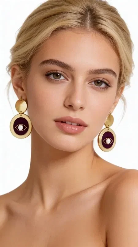 Discover the magic of the evil eye with these striking handmade earrings that combine traditional protection with modern style. Each pair of evil eye earrings, designed by Greek Jewelry Designer Aikaterini Chalkiadaki, is a unique creation that unites contemporary aesthetics with ancient Greek tradition.

These dangle earrings feature two elegant golden-toned wooden circles, with the lower part showcasing a striking evil eye in deep purple with a white pearl at its center. The geometric composition and color contrast create a statement piece of jewelry that is sure to turn heads.