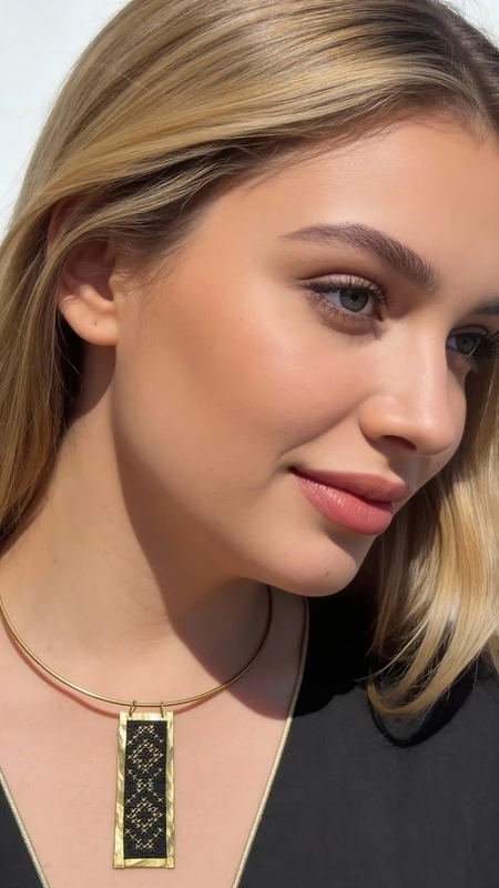 This striking statement pendant necklace showcases the perfect fusion of traditional Greek textile art and contemporary jewelry design. The centerpiece features intricate geometric embroidery rendered in lustrous gold thread against rich black fabric, creating a captivating contrast that catches light beautifully. The rectangular pendant is elegantly framed in solid brass, highlighting the meticulous handcrafted embroidery within.
The geometric pattern reflects centuries-old Greek folk art traditions, with golden chrysoklosti thread work that demonstrates exceptional attention to detail. Each stitch tells a story of heritage craftsmanship, while the modern brass framework gives the piece contemporary appeal. The substantial yet comfortable chain ensures the pendant sits perfectly at the neckline, creating an elegant focal point.
This piece celebrates the timeless art of Greek embroidery, reimagined for the modern woman who appreciates authentic handmade artistry and cultural heritage.
Versatile enough for both professional settings and evening occasions, this necklace transforms any outfit into a sophisticated ensemble. The rich black and gold color palette complements both neutral tones and bold colors effortlessly.
Care Instructions:
Store flat in a dry place. Clean brass gently with soft cloth. Avoid moisture contact with embroidered textile.