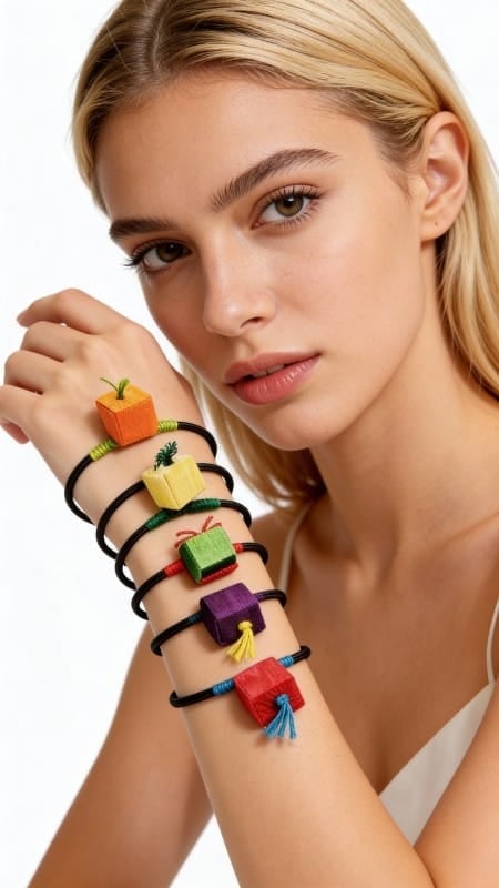 Discover the magic of color with these striking handmade women's bracelets, inspired by the iconic Rubik's Cube. Each bracelet, designed by Greek Jewelry Designer Aikaterini Chalkiadaki, is a unique work of art that blends 80s nostalgia with contemporary aesthetics.

The wooden cubes in vibrant colors - blue, red, green, yellow, purple and orange - create a playful and dynamic design that catches every eye. The natural wood is carefully processed and painted with quality colors that keep their brightness over time. Each cube is connected with a black cord, creating a modern and comfortable fit.