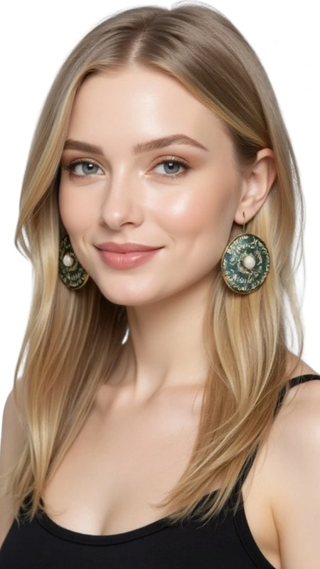 These captivating handwritten dangle earrings showcase the artistry of Greek craftsmanship with their distinctive calligraphic design and lustrous freshwater pearls. Each earring features an intricately detailed circular disc with elegant handwritten script, finished in a rich antique brass patina that creates depth and vintage appeal.
The sophisticated design combines literary elegance with contemporary style, as delicate handwritten text curves gracefully across each brass medallion. A luminous freshwater pearl dangles beneath each disc, adding movement and organic beauty to the structured metalwork. The dark patina finish creates beautiful contrast against the creamy white pearls, resulting in earrings that are both dramatic and refined.
These statement pieces draw inspiration from ancient Greek manuscripts and calligraphy traditions, making them perfect for the modern woman who appreciates cultural heritage with contemporary flair. The substantial size and eye-catching design make them ideal conversation starters, whether paired with a little black dress for evening elegance or worn with flowing fabrics for bohemian sophistication.
The handcrafted nature ensures each pair is slightly unique, reflecting the artisan's personal touch. These versatile earrings transition effortlessly from professional settings to artistic gatherings, adding intellectual charm and Mediterranean sophistication to any ensemble.
Care Instructions: Clean gently with a soft cloth. Avoid contact with perfumes, lotions, and water to preserve the patina finish and pearl luster. Store separately to prevent scratching.