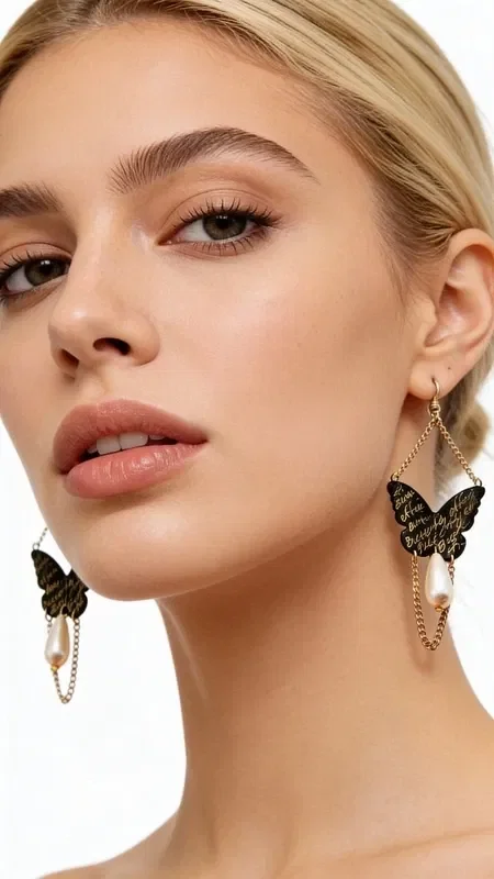 The striking handwritten butterfly earrings with chain and pearls are a unique statement piece that combines femininity with a modern aesthetic. Designed by Greek Jewelry Designer Aikaterini Chalkiadaki, these handmade earrings feature handwritten details that add a poetic dimension to the design.

The black patina on the brass creates a vintage character, while the delicate gold-tone chains and classic pearls add elegance and movement. The butterfly, a symbol of transformation and freedom, becomes the focal point of these dangle earrings, ideal for special occasions and wedding events.