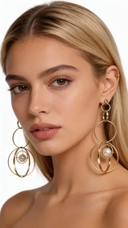 Impressive long pearl earrings that combine elegance with a modern aesthetic. These statement dangle earrings, designed by Greek Jewelry Designer Aikaterini Chalkiadaki, are the ideal choice for creating an unforgettable look.

The earrings feature an original design with gold-tone hoops that create an elegant movement, while the white pearls add a touch of classic elegance. Their impressive shape and length make them ideal for special occasions, weddings and formal events.

The handmade construction and careful selection of materials ensure superior quality and durability. These modern dangle earrings pair perfectly with evening looks and can transform even the simplest outfit.

Store in a dry place and clean with a soft cloth to preserve their shine.