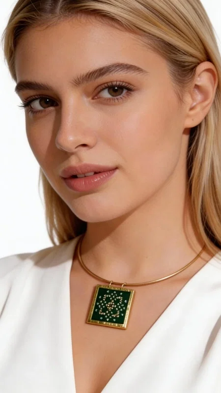 Discover the magic of an embroidered necklace that combines the traditional art of embroidery with contemporary design. This striking green embroidered necklace with geometric patterns in gold thread, designed by Greek jewelry designer Aikaterini Chalkiadaki, is a unique piece of jewelry that will transform any outfit. The statement necklace features a square form with intricate geometric motifs embroidered with gold thread on a green background. The gold-toned brass chain adds elegance, while the handmade embroidery creates a unique, eye-catching texture. The folk design with its gold patterns creates a striking contrast that enhances femininity. Ideal for layering with other necklaces or worn alone as a statement piece, it pairs perfectly with white tops, dresses, and both casual and elegant looks. Its unique aesthetic makes it an authentic piece of Greek jewelry bearing the signature of Greek craftsmanship.