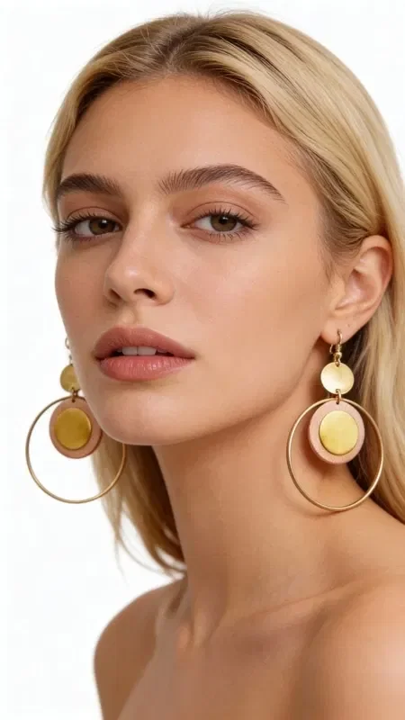 Discover the magic of large dangle hoop earrings with wood that combine natural beauty with contemporary design. This striking handmade piece, designed by Greek Jewelry Designer Aikaterini Chalkiadaki, is the perfect choice for women who love statement accessories.

The earrings feature a unique geometric composition that includes golden brass hoops and natural wooden elements in soft pink and yellow tones. The distinctive arrangement of the elements creates a refined boho look that pairs effortlessly with any outfit.

Each pair is carefully crafted using exclusively high-quality natural materials. The wood is specially treated to achieve its unique texture and coloring, while the brass metal parts offer durability and shine.