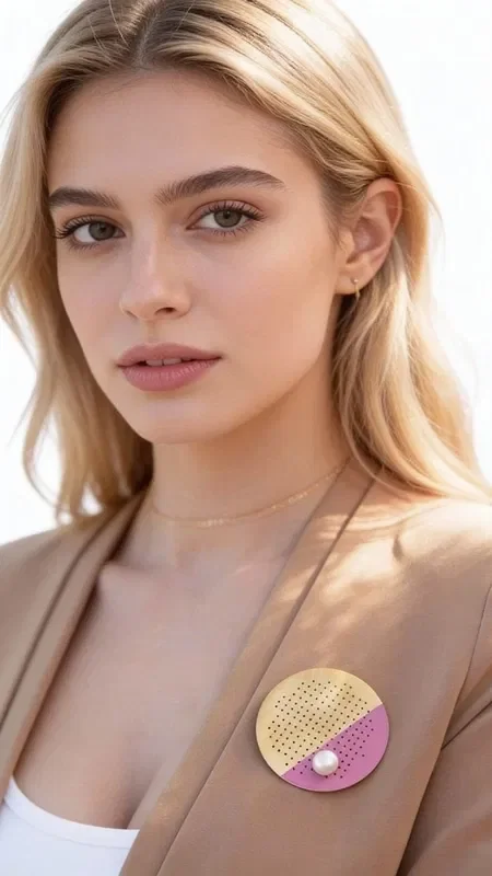 This large statement brooch with pearl and color is the perfect statement accessory for every woman who wants to stand out. Designed by Greek Jewelry Designer Aikaterini Chalkiadaki, it combines contemporary aesthetics with traditional craftsmanship.

The handmade brooch features a stunning two-tone design in gold and pink tones, with a perforated pattern that creates unique light effects. The natural pearl at its center adds elegance and shine, while the brass ensures durability and longevity. The soft curved volumes of the construction create a three-dimensional effect that catches the eye.

Ideal for cocktail parties, professional events or special occasions, this women's brooch can adorn a lapel, dress, jacket or even a bag. Its size makes it striking without being overwhelming.