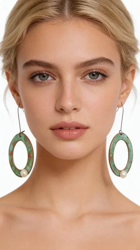 Discover the magic of large pearl hoop drop earrings that combine vintage aesthetics with modern elegance. Each piece is handmade and designed by Greek Jewelry Designer Aikaterini Chalkiadaki, offering a unique style statement.

These striking earrings feature oval bronze hoops with a beautiful green patina that creates a vintage character. Each hoop holds a white pearl that adds elegance and brightness to the design. The contrast between the warm bronze and the white pearls creates an exceptional color combination.

These long drop earrings are ideal for weddings, evening outings, or any moment you want to stand out. Their lightweight construction ensures comfortable wear all day long. Store in a dry place and clean gently with a soft cloth.