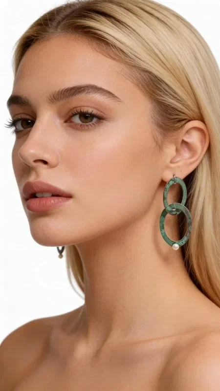 Highlight your unique personality with these striking large drop earrings that combine the elegance of pearls with the modern aesthetic of copper. Designed by Greek Jewelry Designer Aikaterini Chalkiadaki, these handmade earrings carry the signature of authentic Greek jewelry craftsmanship.

The unique green patina covering the double hoops creates a captivating vintage effect, while the natural pearls add a touch of elegance and shine. Each piece is one of a kind, as the patina develops naturally on the copper, creating unrepeatable shades and textures.

These long earrings are ideal for special occasions, weddings, evening outings, or whenever you want to add a boho touch to your everyday style. The distinctive shape of the double hoops creates beautiful movement and reflections of light.
