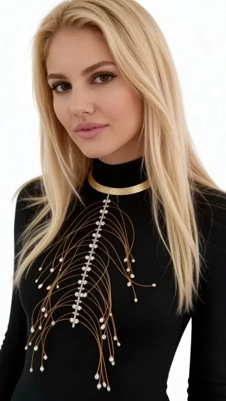 Discover the large statement necklace with pearl that will transform every look with its golden shine and unique design. Designed by Greek Jewelry Designer Aikaterini Chalkiadaki, this handmade piece combines the classic elegance of pearls with a modern aesthetic.

The statement necklace features a stunning combination of gold chains that create an elegant curve around the neck, while the white pearls add a touch of timeless elegance. The modern design with multiple gold strands ending in pearls creates an impressive visual effect that will catch every eye.

This striking necklace is the ideal choice for women who want to stand out and express their unique personality. Wear it over black or monochrome outfits for maximum impact. To preserve its shine, keep it away from moisture and cosmetics.