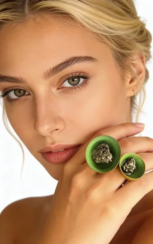 Discover the magic of handmade jewelry with this striking ring featuring double pyrite in shades of green. Designed by Greek Jewelry Designer Aikaterini Chalkiadaki, this unique piece combines Greek craftsmanship with contemporary aesthetics.

The ring features two round surfaces of different sizes, crafted from quality brass with a black patina that creates striking contrasts. Each surface holds a shimmering pyrite, also known as "fool's gold," creating mesmerizing golden reflections within the green-colored resin.

The ergonomic design of the ring ensures a comfortable fit, while its statement design makes it ideal for those who love eye-catching jewelry. It pairs perfectly with both casual and formal outfits, adding a bohemian touch to your look.