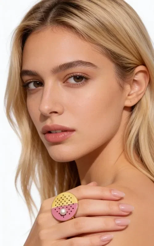 An impressive statement ring that combines classic elegance with modern design. This unique handmade piece, designed by Greek Jewelry Designer Aikaterini Chalkiadaki, is the perfect choice for the woman who wants to stand out.

The geometric circular brass base features a striking combination of colors - gold and fuchsia pink - creating a contemporary yin-yang aesthetic. The perforated surface with geometric holes gives it an industrial character, while the white pearl at the center adds a touch of elegance and femininity.

The large size of the ring makes it ideal for special occasions and evening outings. It pairs beautifully with monochrome outfits, adding color and style to any look.