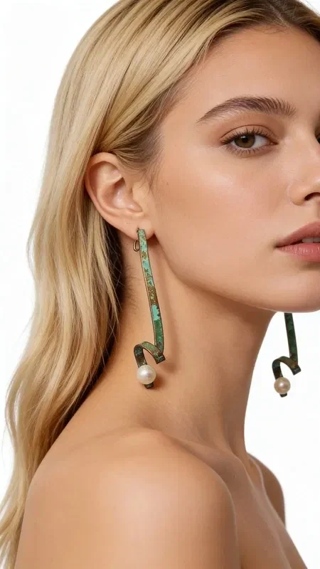 Stand out with these large statement stud earrings with pearls that combine the elegance of pearls with the unique aesthetic of green patina. Each piece is designed by Greek Jewelry Designer Aikaterini Chalkiadaki and is entirely handmade with great attention to detail.

These handmade earrings feature a long geometric copper shape with a natural green patina that creates unique color variations. Each earring is completed with a white pearl that adds classic elegance and brightness to the design. The stud closure ensures a comfortable and secure fit all day long.

These striking long earrings are ideal for special occasions, weddings, or whenever you want to add a modern touch to your look. They pair perfectly with monochrome outfits and add a distinctive style.