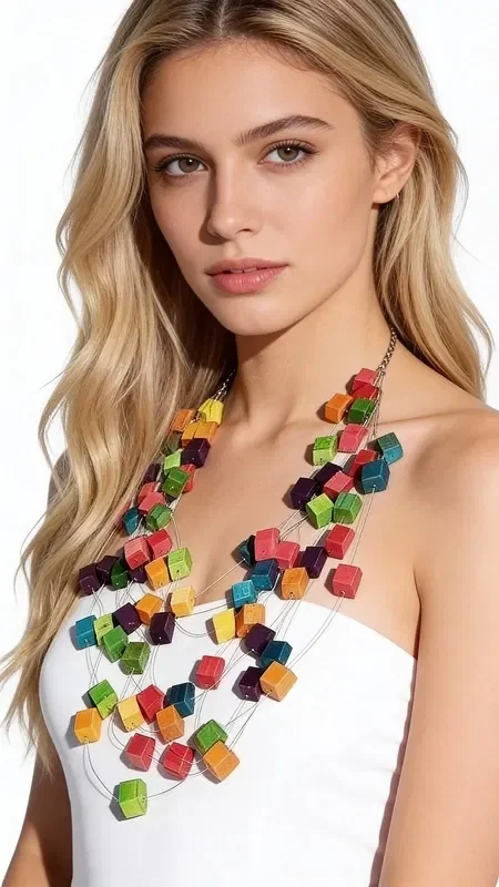 Discover a unique statement necklace that combines creativity with original design, inspired by the iconic Rubik's Cube. This striking women's necklace with wooden cubes, designed by Greek Jewelry Designer Aikaterini Chalkiadaki, is the ideal choice for women who want to stand out with style and personality.

Each colorful wooden cube has been carefully shaped, creating a kaleidoscope of colors that includes vivid reds, greens, blues, oranges, yellows and purple tones. The arrangement of the multicolored cubes at different levels of the necklace creates a dynamic and playful aesthetic that catches the eye.

The handmade necklace features a double cord that allows for comfortable adjustment and stability while wearing. It is ideal for casual looks, creative professional settings, or as a conversation starter at social gatherings.