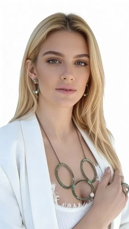 An impressive large women's necklace with pearl that combines the uniqueness of handmade design with the elegance of oxidized copper. This statement necklace, designed by Aikaterini Chalkiadaki, is the perfect choice for women looking for a distinctive piece of jewelry that will turn heads.

The long necklace features three large circular copper rings with a green patina finish that creates a vintage aesthetic. A natural pearl adorns one of the rings, adding shine and elegance to the ensemble. The unique look of the oxidized copper makes each necklace one of a kind, as the patina develops naturally over time.

Ideal for layering with other jewelry or as a standalone statement piece, this striking necklace adds an artistic touch to any outfit. The handmade construction guarantees the quality and uniqueness of this Greek piece of jewelry.