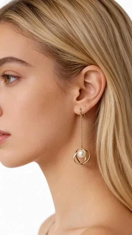 Discover the magic of handmade women's earrings with pearls that combine elegance with a modern aesthetic. These striking dangle earrings, designed by Greek Jewelry Designer Aikaterini Chalkiadaki, offer a unique combination of geometric shapes and natural beauty.

The innovative design features rotating brass rings in a gold hue that frame white pearls, creating a dynamic and contemporary look. The long chain adds movement and elegance, making them ideal for both special occasions and everyday wear.

Carefully crafted from premium brass, these statement earrings stand the test of time while retaining their shine. The combination of natural pearls with metallic elements creates a perfect balance between classic and modern style.