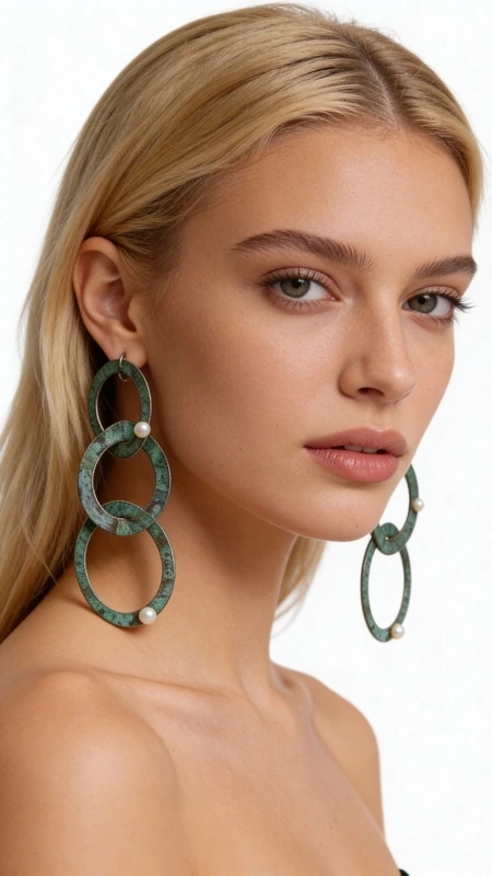 These captivating dangle earrings showcase the mesmerizing beauty of aged copper artistry paired with lustrous freshwater pearls. The distinctive green patina finish creates an enchanting verdigris effect that speaks to timeless elegance and sophisticated style.
Crafted with meticulous attention to detail, each earring features interconnected circular elements that cascade gracefully, creating beautiful movement with every turn of your head. The organic patina finish gives each piece a unique character, as no two earrings develop exactly the same patination patterns. This natural aging process creates depth and visual interest that catches light beautifully throughout the day.
The addition of genuine freshwater pearls provides a striking contrast against the weathered copper tones, offering a perfect balance between rustic charm and refined femininity. These statement pieces embody the essence of contemporary Greek jewelry design, where traditional metalworking techniques meet modern aesthetic sensibilities.
Perfect for elevating both casual and formal ensembles, these versatile earrings complement earth tones, neutrals, and jewel-toned outfits beautifully. Whether you're attending a gallery opening, dinner date, or cultural event, these distinctive pieces will become conversation starters that reflect your appreciation for artisanal craftsmanship.
The substantial length and bold circular design make these earrings ideal for those who love to make a style statement while maintaining an air of sophisticated elegance.
To maintain the beautiful patina finish, gently clean with a soft cloth and store in a dry place. Avoid exposure to harsh chemicals or excessive moisture to preserve the unique aging characteristics of the copper.