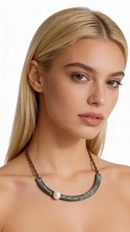 Discover the magic of handmade jewelry with this striking half-moon shaped women's necklace, designed by Greek Jewelry Designer Aikaterini Chalkiadaki. This unique statement necklace combines oxidized copper in green hues with the classic elegance of a white pearl, creating a piece of jewelry that stands out.

The half-moon silhouette offers a modern style and geometric aesthetic, while the natural green-toned patina of the copper adds character and authenticity. The white pearl that adorns the necklace adds a touch of classic elegance, creating the perfect contrast with the oxidized metal.

Ideal for layering with other necklaces or as a standalone statement piece, this handmade jewel transforms any look from casual to sophisticated. Its anatomical shape fits comfortably around the neck, while the copper chain ensures both comfort and style.