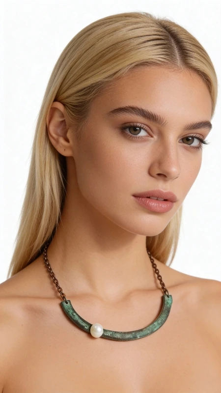 This captivating semi-oval necklace showcases the perfect fusion of ancient Greek artistry and contemporary design. The striking curved centerpiece features oxidized copper adorned with a mesmerizing green patina that creates an aged, treasure-like appearance reminiscent of artifacts discovered from ancient shipwrecks.
The handcrafted semi-oval pendant displays beautiful verdigris tones that shift between deep emerald and seafoam green, creating depth and character that makes each piece truly unique. A lustrous freshwater pearl sits elegantly at the center, providing a sophisticated contrast against the weathered copper backdrop. The warm brass chain complements the earthy tones while adding subtle golden highlights that enhance the overall vintage aesthetic.
This statement necklace draws inspiration from Greece's rich maritime heritage, evoking images of treasures lost at sea and rediscovered. The oxidation process creates natural variations in the patina, ensuring no two pieces are identical. The substantial yet comfortable design makes it perfect for elevating both casual and formal ensembles.
Whether paired with a simple white blouse for daytime elegance or worn with an evening dress for dramatic impact, this necklace commands attention while maintaining timeless sophistication. The piece transitions seamlessly from bohemian-chic to contemporary minimalist styling, making it a versatile addition to any jewelry collection.
To preserve the unique patina finish, gently clean with a soft cloth and store in a dry place. Avoid exposure to harsh chemicals or excessive moisture to maintain the distinctive green coloration.