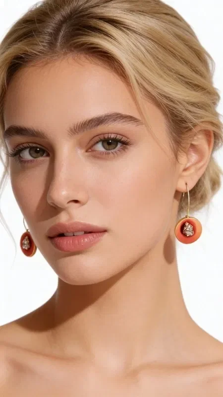 Discover the unique beauty of these dangle earrings featuring pyrite in a striking salmon color, designed by Greek Jewelry Designer Aikaterini Chalkiadaki. These handmade earrings seamlessly combine the orange hue with the natural shine of pyrite, creating a piece of jewelry that truly stands out.

Each earring features a round shape with a centrally placed pyrite stone, while the brass base offers durability and color that won't fade. Their small size makes them ideal for everyday wear, while their striking appearance also makes them suitable for special occasions. The warm orange hue pairs perfectly with autumn outfits as well as summer looks.