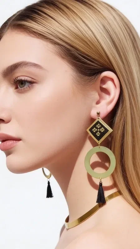 Stand out with these striking statement earrings that combine the traditional art of embroidery with contemporary geometric design. Designed by Greek Jewelry Designer Aikaterini Chalkiadaki, these unique handmade jewelry pieces are the perfect choice for women looking for something special.

The embroidered earrings feature a striking combination of geometric shapes - a square element with gold thread and detailed embroidered motifs, followed by an elegant hoop in soft green, and finished with a graceful black tassel. The contrast of colors - black, gold - creates a sophisticated look that suits both casual and formal outfits.

The handmade construction guarantees the quality and uniqueness of each piece, while their statement design makes them ideal for special occasions, weddings, or boho looks.

Take care of your earrings by storing them in a dry place and avoiding contact with water to extend their lifespan.
