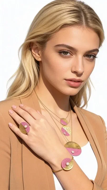This striking statement bracelet with a pearl and pink color is the perfect choice for the modern woman who loves minimal jewelry with a bold personality. Designed by Greek Jewelry Designer Aikaterini Chalkiadaki, it combines the classic elegance of the pearl with a modern aesthetic that stands out.

The bracelet features a geometric design with two semicircles in pink and gold tones, perforated with decorative holes that create a play of light and shadow. The central pearl adds a touch of luxury, while the quality brass ensures durability and longevity. Its minimal aesthetic makes it ideal for both everyday and evening looks.

This handmade piece of jewelry is an excellent addition to any collection, offering versatility in styling while exuding modern elegance.