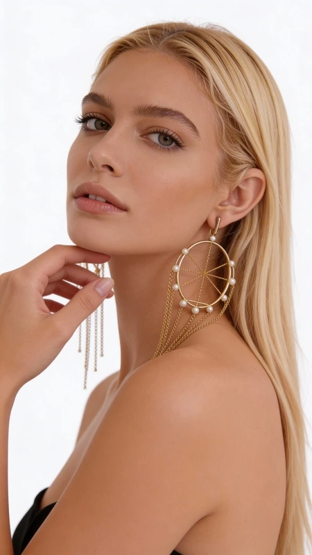 These captivating statement earrings reimagine the traditional dream catcher in an elegant fusion of bohemian spirit and contemporary glamour. Each earring features a striking circular gold-plated brass framework adorned with lustrous freshwater pearls that catch and reflect light with every movement.
The intricate design showcases delicate brass chains that cascade gracefully from the central hoop, creating mesmerizing movement and dimension. The carefully positioned freshwater pearls within the circular frame evoke the mystical essence of dream catchers while maintaining sophisticated elegance. The warm gold plating provides a luxurious backdrop that complements the natural luster of the pearls.
Crafted with meticulous attention to detail, these handmade earrings represent the artistry of Greek jewelry craftsmanship. The substantial yet comfortable design makes them perfect for elevating both casual and formal ensembles. Whether paired with a flowing bohemian dress or a sleek evening outfit, these earrings serve as conversation starters that embody both spiritual symbolism and fashion-forward style.
The generous proportions create dramatic impact while remaining surprisingly lightweight for comfortable all-day wear. The secure ear wires ensure these treasured pieces stay beautifully positioned while the cascading chains create enchanting movement with every turn of the head.
To maintain their beauty, gently clean with a soft cloth and avoid exposure to moisture, perfumes, and harsh chemicals. Store in a dry place, preferably in individual pouches to prevent tangling of the delicate chain elements.