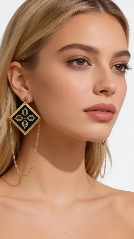 , Embroidered statement earrings with geometric patterns in black and gold combine the traditional art of embroidery with modern aesthetics. Designed by Greek Jewelry Designer Aikaterini Chalkiadaki, these striking dangle earrings are the ideal choice for the modern woman seeking uniqueness.

Each earring features a square embroidered element with intricate geometric motifs created with gold thread on a black base. The elegant gold chain that hangs down adds movement and dynamism, while their length creates an impressive effect. The handmade construction guarantees the quality and uniqueness of each piece.

These modern earrings are perfect for evening outings, wedding events and special occasions. They combine ideally with black or gold outfits, adding a note of folklore elegance. Store in a dry place, avoiding contact with perfumes and moisture.