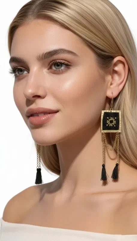 The statement embroidered earrings with geometric designs in gold thread on black are the perfect choice for women who want to stand out. Designed by Greek Jewelry Designer Aikaterini Chalkiadaki, they combine the traditional art of gold-thread embroidery with a contemporary aesthetic.

Each earring features a square embroidered element with a gold outline and black base, while the elegant gold chains end in black tassels that add movement and drama. The geometric design with the central star creates a unique visual effect that catches every eye.

These handmade dangle earrings are ideal for special occasions, weddings, evening outings, and any moment you want to feel unique. Their length makes them striking without being excessive, while the elegant black-and-gold color combination pairs with any outfit.

Store in a dry place away from moisture and avoid contact with cosmetics.