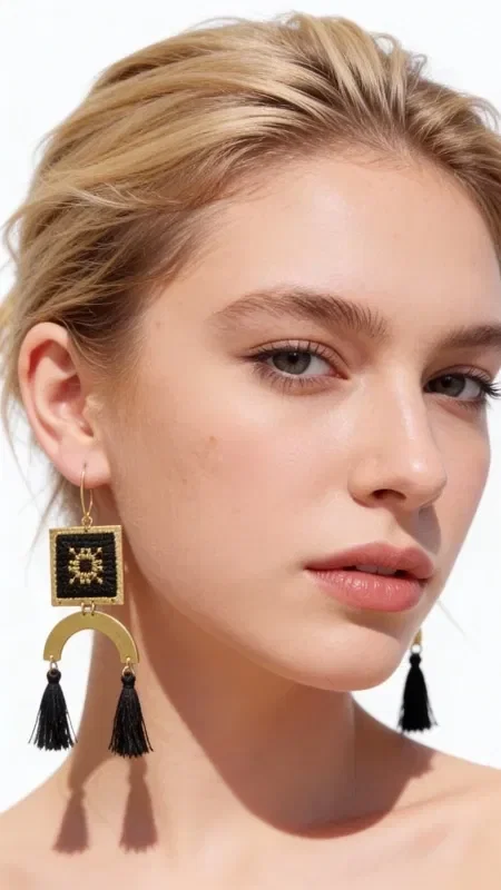 , These embroidered statement earrings with geometric patterns in gold thread on a black background are the perfect accessory for creating striking looks. Designed by Greek Jewelry Designer Aikaterini Chalkiadaki, these unique handmade earrings combine the traditional art of embroidery with contemporary design.

Each earring features a square embroidered element with gold details that create geometric patterns on a black base. The hanging black tassels add movement and a modern aesthetic, while the brass element harmoniously completes the design.

These striking long earrings are ideal for special occasions, weddings, or whenever you want to make a statement with your styling. Their folklore aesthetic makes them perfect for boho and ethnic looks. Care for them gently with a dry cloth and store them in a dry place away from direct sunlight to preserve their colors.