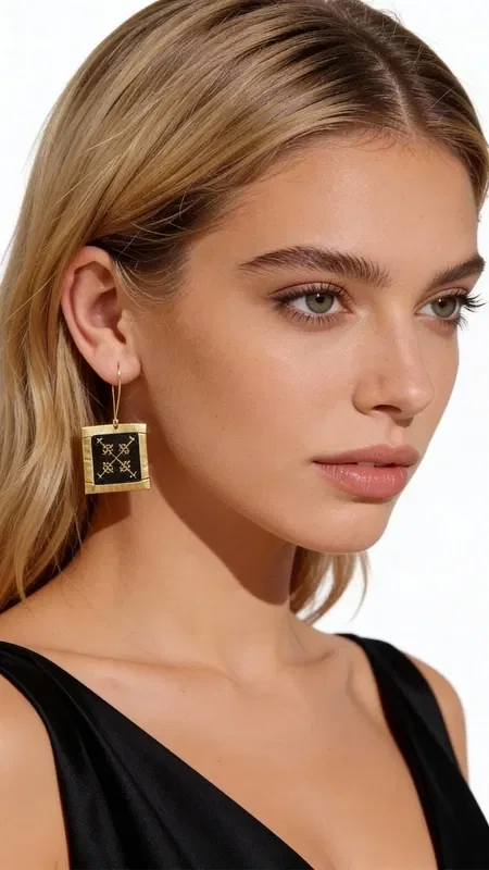 Discover the perfect balance between traditional embroidery craftsmanship and modern aesthetics with these striking statement earrings. Designed by Greek Jewelry Designer Aikaterini Chalkiadaki, they combine geometric motifs in bold black with gold thread details that create a unique contrast.

The embroidered fabric in a square shape features intricate geometric designs reminiscent of traditional Greek embroidery, while the gold frame adds elegance and luxury. The black hue makes them ideal for any occasion, from everyday looks to evening appearances.

These handmade earrings are the perfect choice for women who love striking accessories with history and character. Their light weight makes them comfortable to wear all day, while their modern design lends a sophisticated air to any look. Care for them with gentle cleaning and store them in a dry place to preserve their beauty.