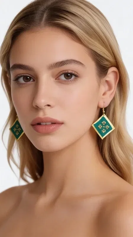 Discover the magic of statement embroidered earrings with geometric patterns that turn any look into something striking. These unique handmade earrings, designed by Greek Jewelry Designer Aikaterini Chalkiadaki, feature a rich green color and gold thread that create a dazzling contrast.

Each earring is carefully embroidered with gold thread, forming geometric motifs that recall traditional Greek artistry with a modern aesthetic. The combination of vivid green with gold details offers an elegant look that suits both everyday wear and special occasions.

These statement earrings are ideal for women who want to stand out with style and confidence. Their unique folklore design makes them a perfect choice for weddings, evening outings, or any moment you want to feel special.

Care for them gently with a soft cloth and store them in a dry place to preserve their shine.