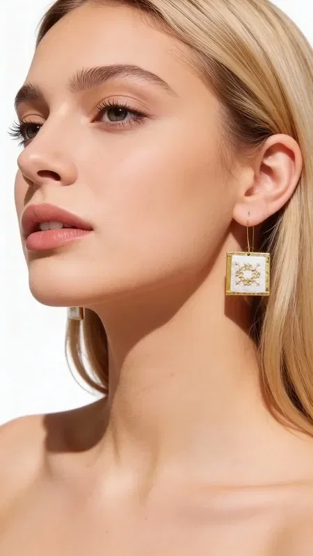 Embroidered statement earrings that combine contemporary aesthetics with the traditional art of embroidery in a white shade. These striking handmade earrings, designed by Greek Jewelry Designer Aikaterini Chalkiadaki, feature geometric motifs with gold thread that create a unique sense of luxury.

The square shape with intricate embroidery on the inside offers a modern interpretation of traditional craftsmanship. The white color makes them ideal for bridal looks or elegant evening outings, while their statement shape gives them instant recognizability. These dangle earrings are comfortable to wear and add a sophisticated touch to any outfit. Pair them with monochrome outfits to highlight their unique beauty. Store them in a dry place and gently clean with a dry cloth to preserve the shine of the gold thread.